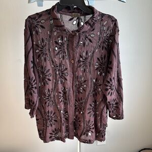 Brown Embellished Blouse with Long Sleeves and Mandarin Collar